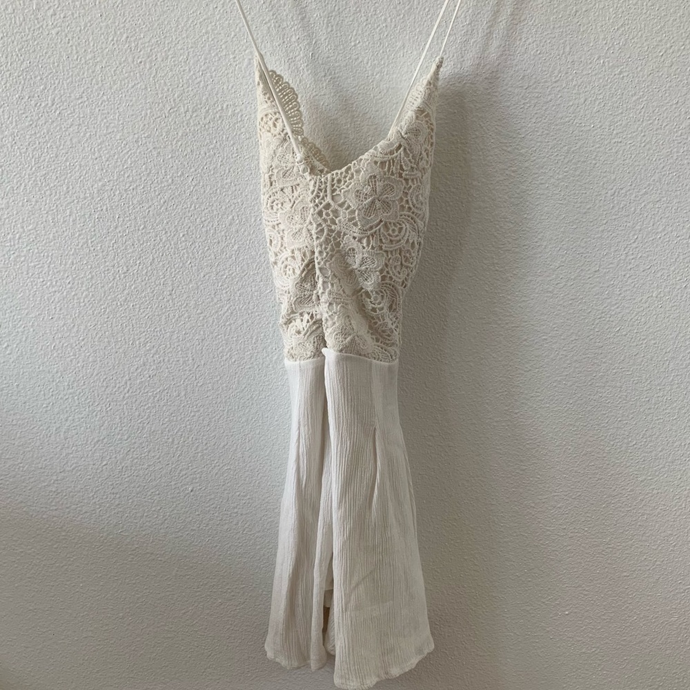 Ivory Spaghetti Strap Short Romper w/ Lace Detail - Picture 2 of 4
